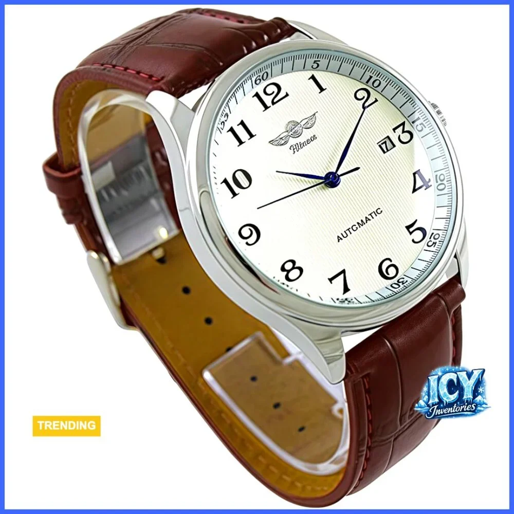 Automatic Mechanical Leather Band Watch with Day Calendar